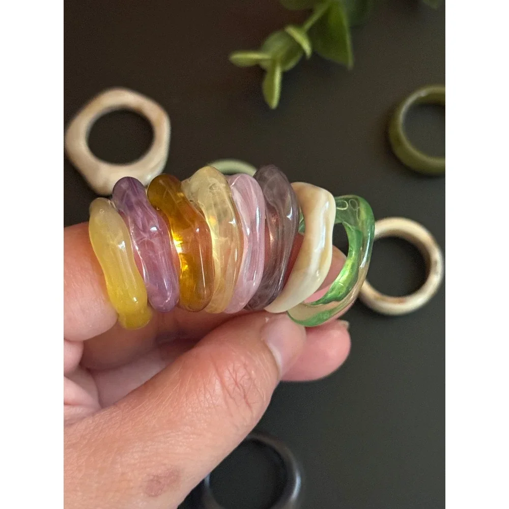 Chunky Resin Acrylic Ring Bundle Y2K Retro Stacking Rings Set Size 7-7.5